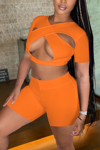 sexy plus size slight stretch 5 colors orange slim hollow shorts sets