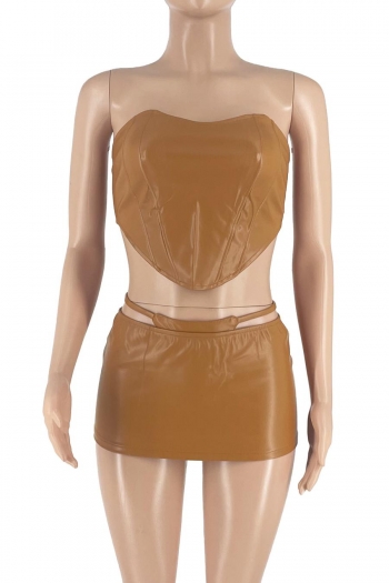 Sexy plus size slight stretch pu strapless zip-up orange backless slim skirt set