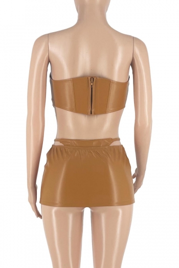 Sexy plus size slight stretch pu strapless zip-up orange backless slim skirt set