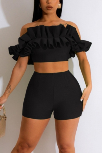 sexy plus size 3 colors stretch ruffle off-the-shoulder backless slim shorts set