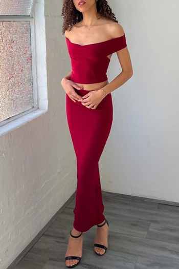 sexy solid color stretch off-the-shoulder hollow slim skirt set