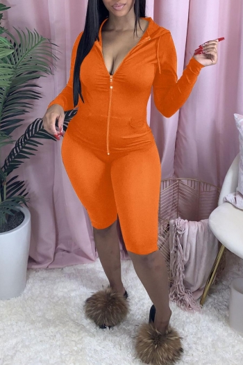 casual plus size slight stretch 6 colors orange zip-up pocket hooded shorts sets