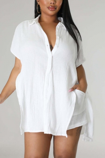 Casual plus-size slight stretch slit breasted cotton linen lace-up shorts set
