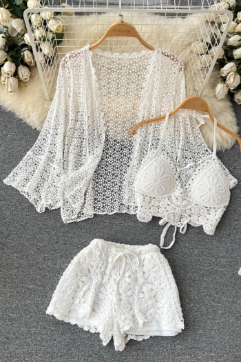 sexy padded crochet hollow stretch long sleeve high waist three-piece set