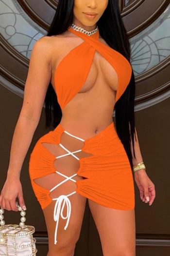 sexy plus size slight stretch orange solid color backless slim lace-up mini skirt sets