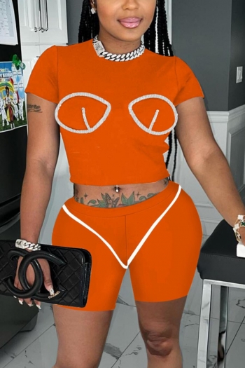 casual plus size slight stretch orange 5 colors embroidered stylish shorts sets