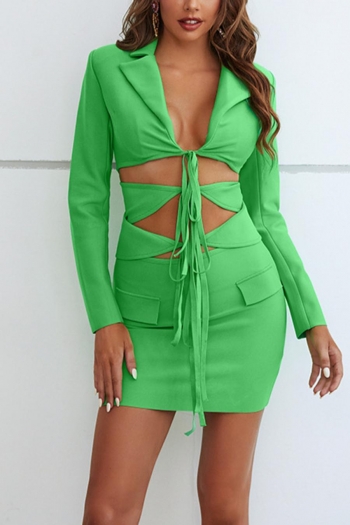 sexy high stretch solid color lace up fake pockets suit mini skirt set