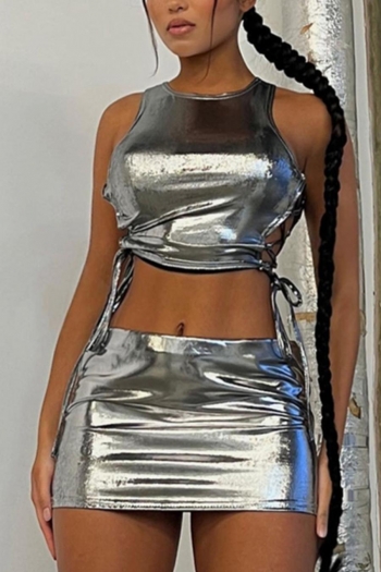 sexy slight stretch lace-up holographic fabric slim sleeveless mini skirt sets