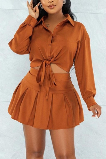 casual plus size non-stretch orange single breasted pleated mini skirt sets