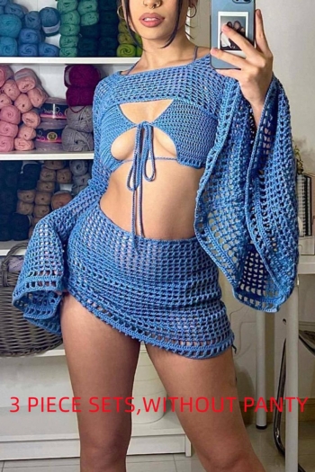 sexy slight stretch cut out knitted bell-sleeve three-piece sets(no panty)