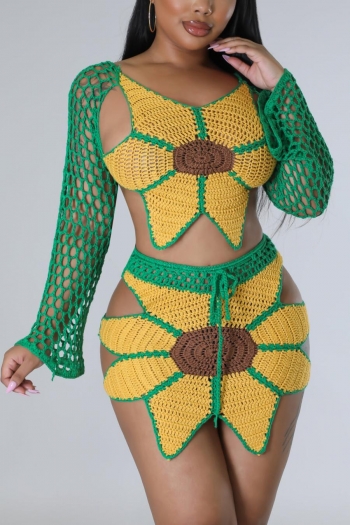 sexy high stretch sunflower crochet hollow lace-up slim mini skirt set