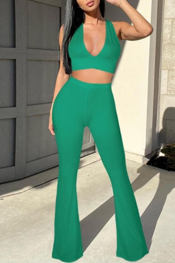 sexy 4 colors stretch ribbed knit halter-neck backless high waist pants set