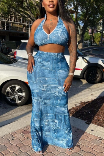 sexy plus size stretch faux denim printing zip-up slit maxi skirt set