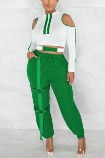 sexy plus size slight stretch stripe printing hollow zip-up pants set