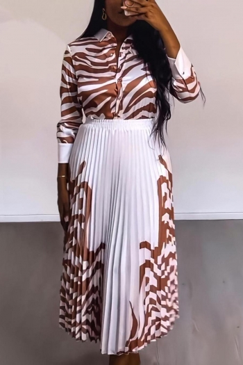 casual plus size non-stretch zebra printing button pleated midi skirt sets