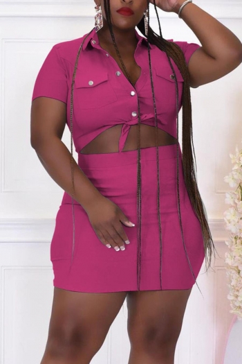 sexy plus size slight stretch solid color slim button pocket mini skirt sets