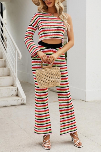 stylish stripe knitted stretch one shoulder high waist pants set