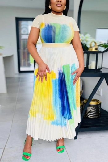 casual plus size non-stretch pleated tie-dye printing midi skirt sets