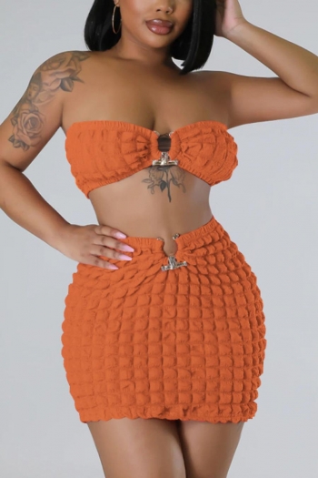 sexy plus size slight stretch orange strapless metal buckle mini skirt sets