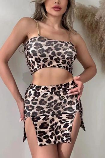 sexy slight stretch chain sling slit leopard batch printing mini skirt sets