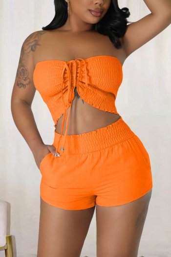sexy plus-size slight stretch orange lace-up pocket simple shorts set