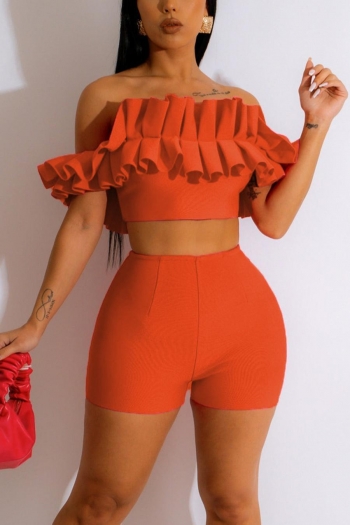 stylish solid color stretch ruffle off-the-shoulder high waist slim shorts set