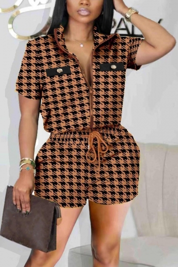 casual plus size slight stretch 2 colors houndstooth printing zip-up shorts sets