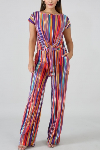 stylish plus size stretch stripe printing short sleeve with pocket pants set
