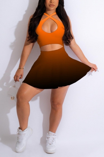 sexy plus-size slight stretch orange positioning gradient colors skirt set