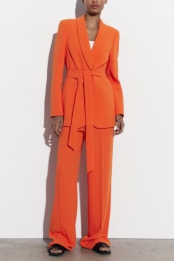 stylish non-stretch solid color orange pocket belt blazer wide leg pants sets