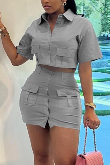 sexy plus size slight stretch solid pocket button slim mini skirt sets