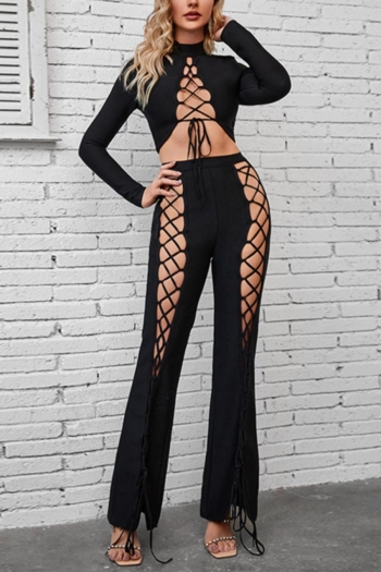 sexy slight stretch hollow out lace-up high quality flared pants sets