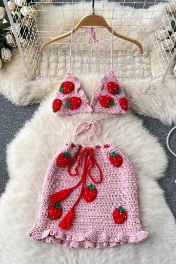 sexy slight stretch knitted strawberry jacquard halter-neck slim mini skirt set