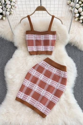 sexy stretch plaid knitted sling vest with high waist slim mini skirt set