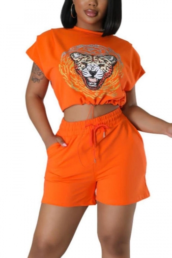 stylish plus size slight stretch orange animal printing pocket shorts sets