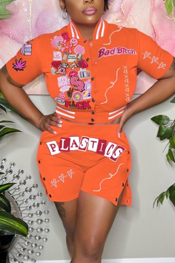 stylish plus size slight stretch orange printing single breasted shorts sets