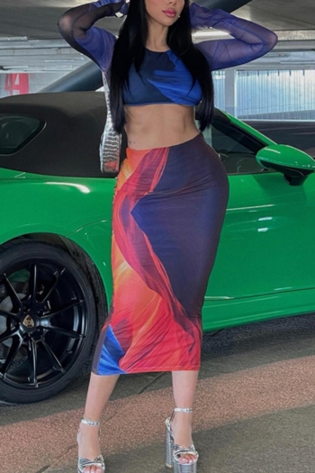 sexy slight stretch tie dye see through mesh backless lace-up midi skirt sets