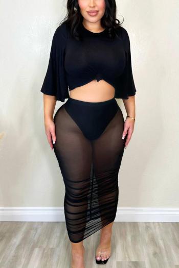 sexy plus size slight stretch mesh stitching panties lined midi skirt sets
