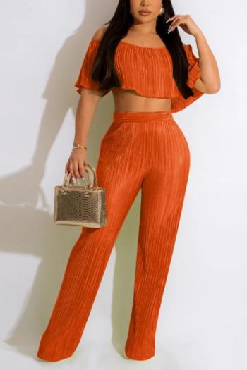 sexy plus size slight stretch orange off-shoulder pleated wide leg pants sets