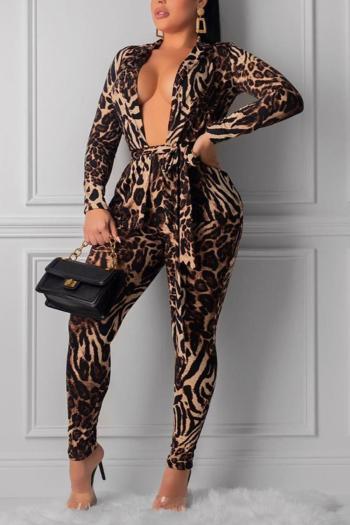 sexy plus size slight stretch leopard batch printing deep v belt pants sets