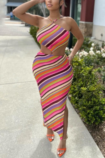 sexy stretch colorful stripe printing lace-up backless slit skirt set