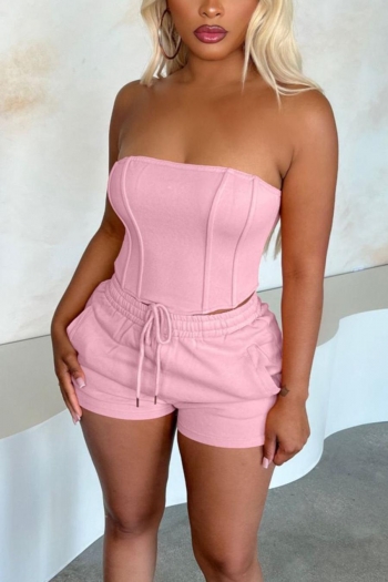 Sexy plus size 5 colors stretch tube top with drawstring pocket shorts set