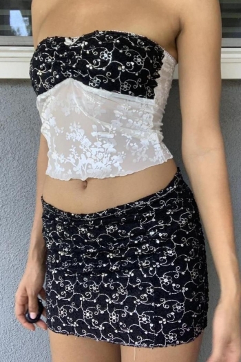 sexy floral printing slight stretch mesh spliced tube top with mini skirt set