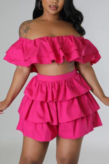 sexy plus size solid color non-stretch ruffle off-the-shoulder mini skirt set