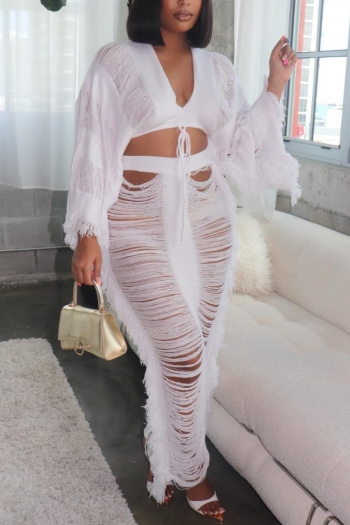 sexy plus size solid color knitted cutout tassel high waist maxi skirt set