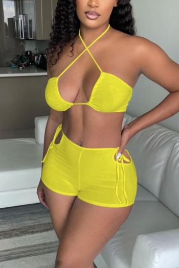 sexy plus size solid color stretch halter-neck backless high waist shorts set