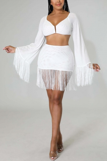 sexy plus size solid color stretch mesh tassel high waist mini skirt set