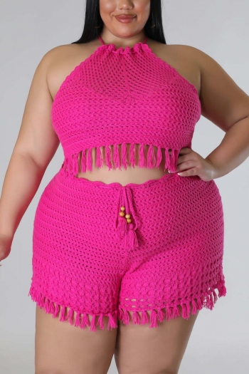 sexy xl-5xl plus size stretch knitted hollow tassel lace-up shorts set