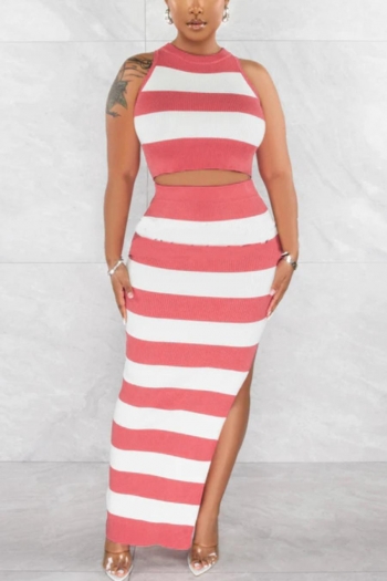 sexy plus size slight stretch stripe printing sleeveless slit maxi skirt sets