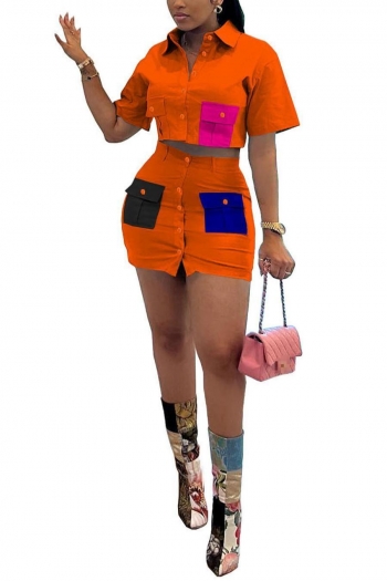 casual plus-size contrast color cargo double pocket button mini skirt set